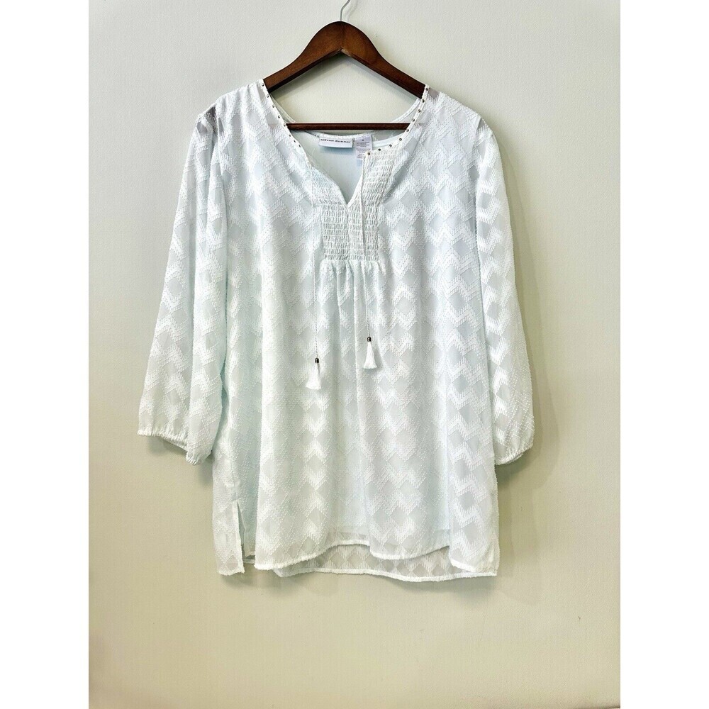Alfred Dunner Sz 18 Blouse Balloon Sleeve Light Blue Textured Sheer Lined Tassel